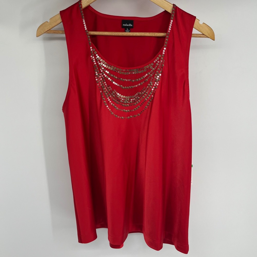 Rafaella Women Red‎ Sleeveless Tank Top Sequins Necklace Detail Holiday Size L